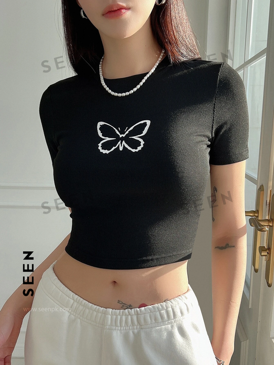 Butterfly Print Crop Tee