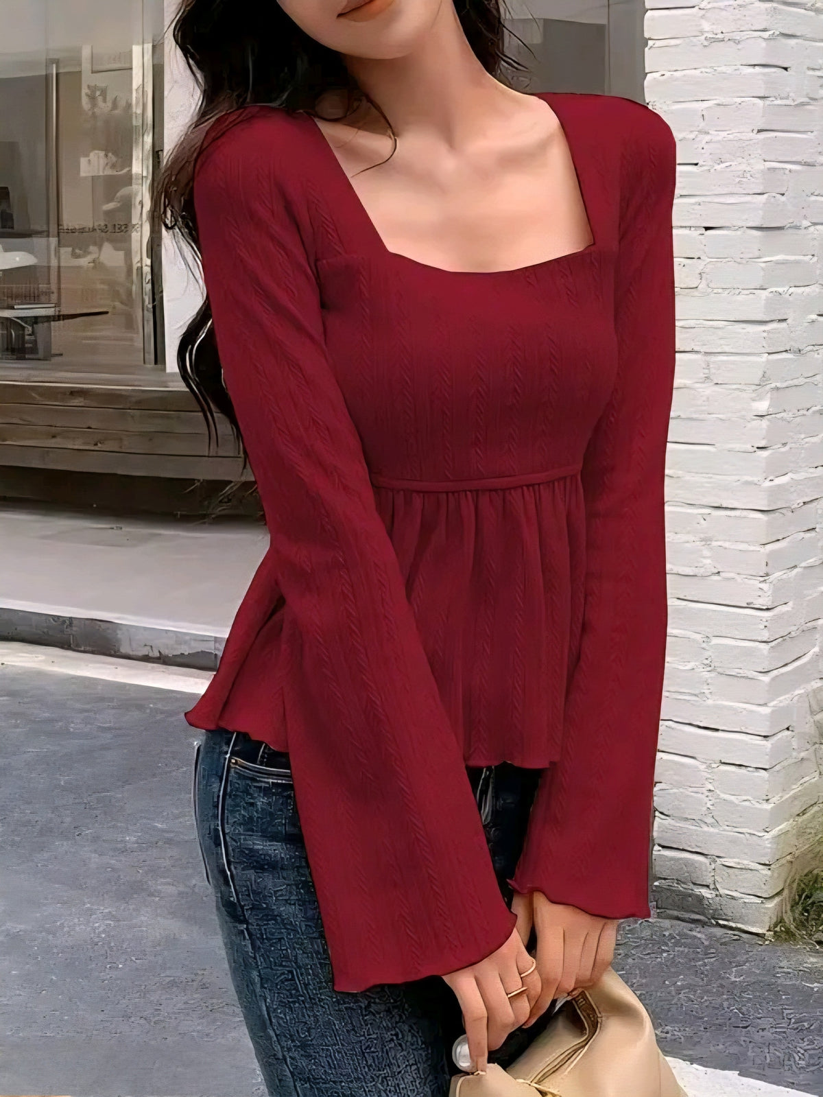 Women's Square-Neck Ribbed Long-Sleeve Babydoll Top