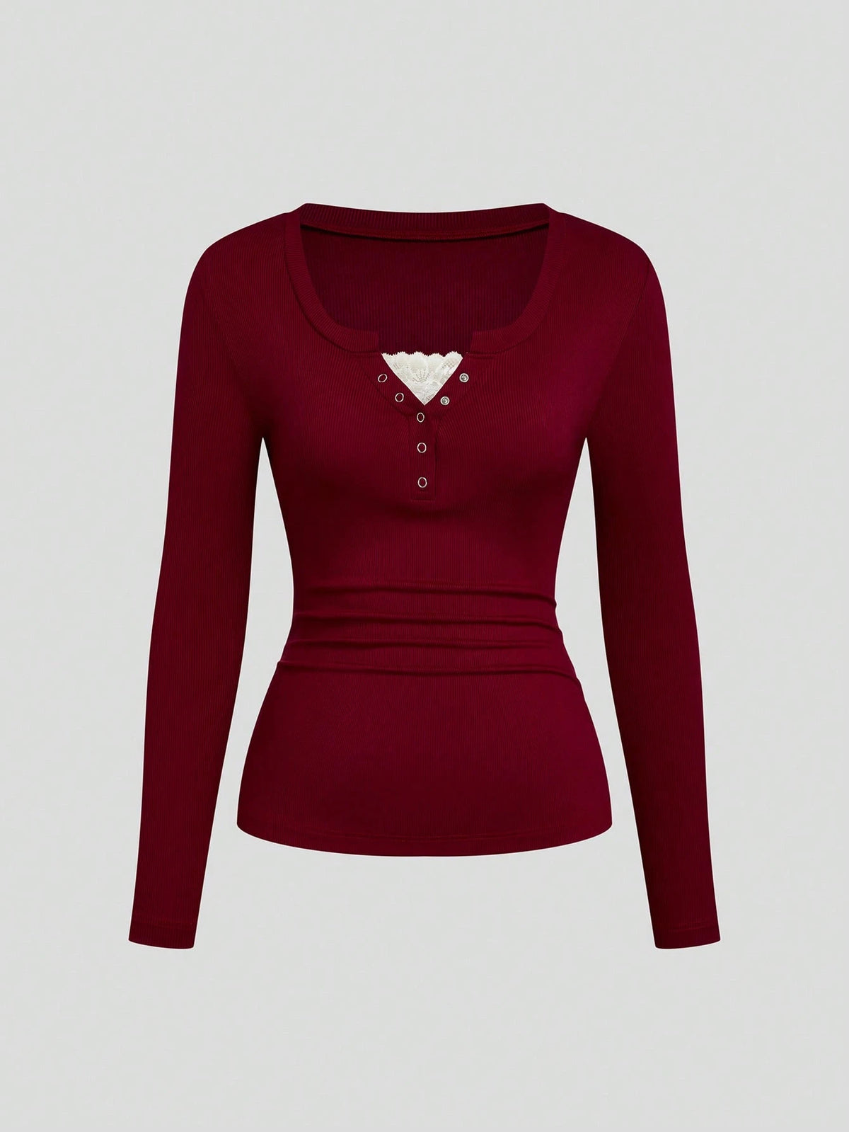 Women's Lace-Trim Mandarin-Collar Long-Sleeve Henley Top
