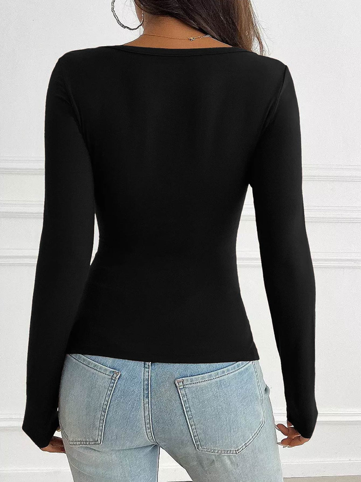 Women's Lace-Trim Mandarin-Collar Long-Sleeve Henley Top