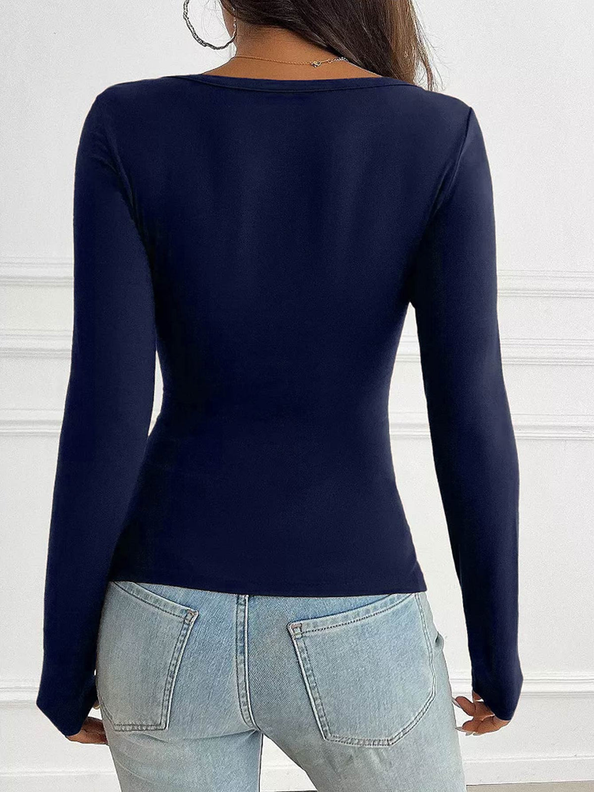 Women's Lace-Trim Mandarin-Collar Long-Sleeve Henley Top