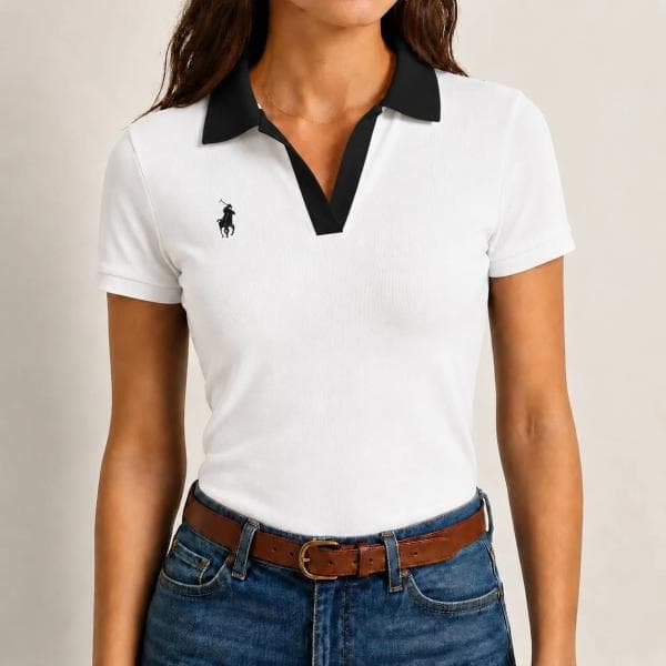 Women's Contrast-Collar Slim-Fit Printed Polo T-Shirt
