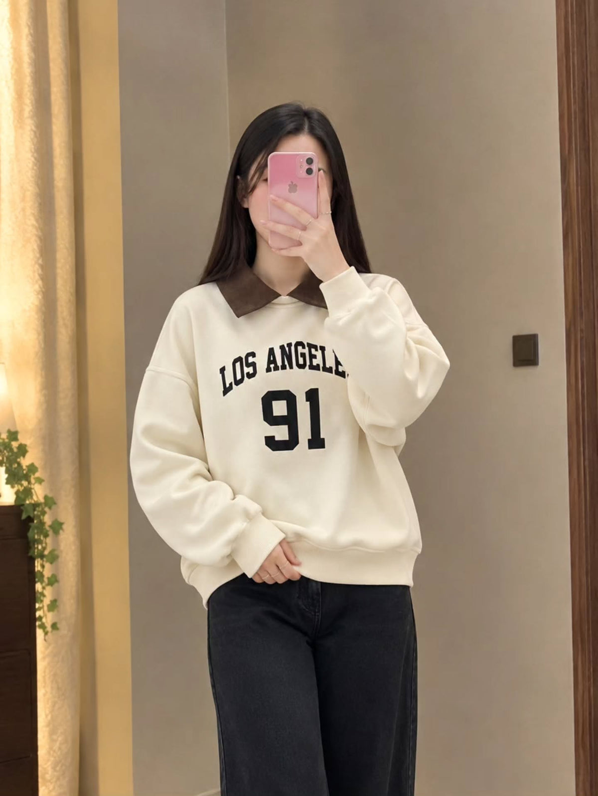 Women's Letter-Print Turn-Down Collar Loose-Fit Sweatshirt