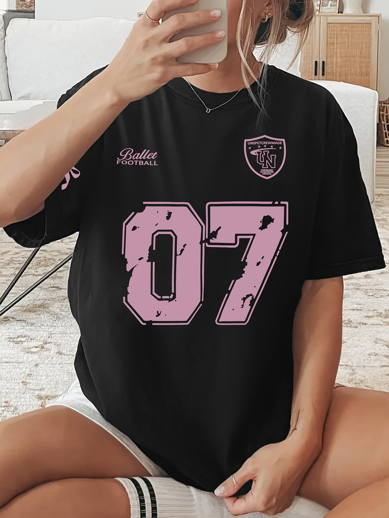 Black T-Shirt with Pink '07' Graphic - Casual Short Sleeve Blouse