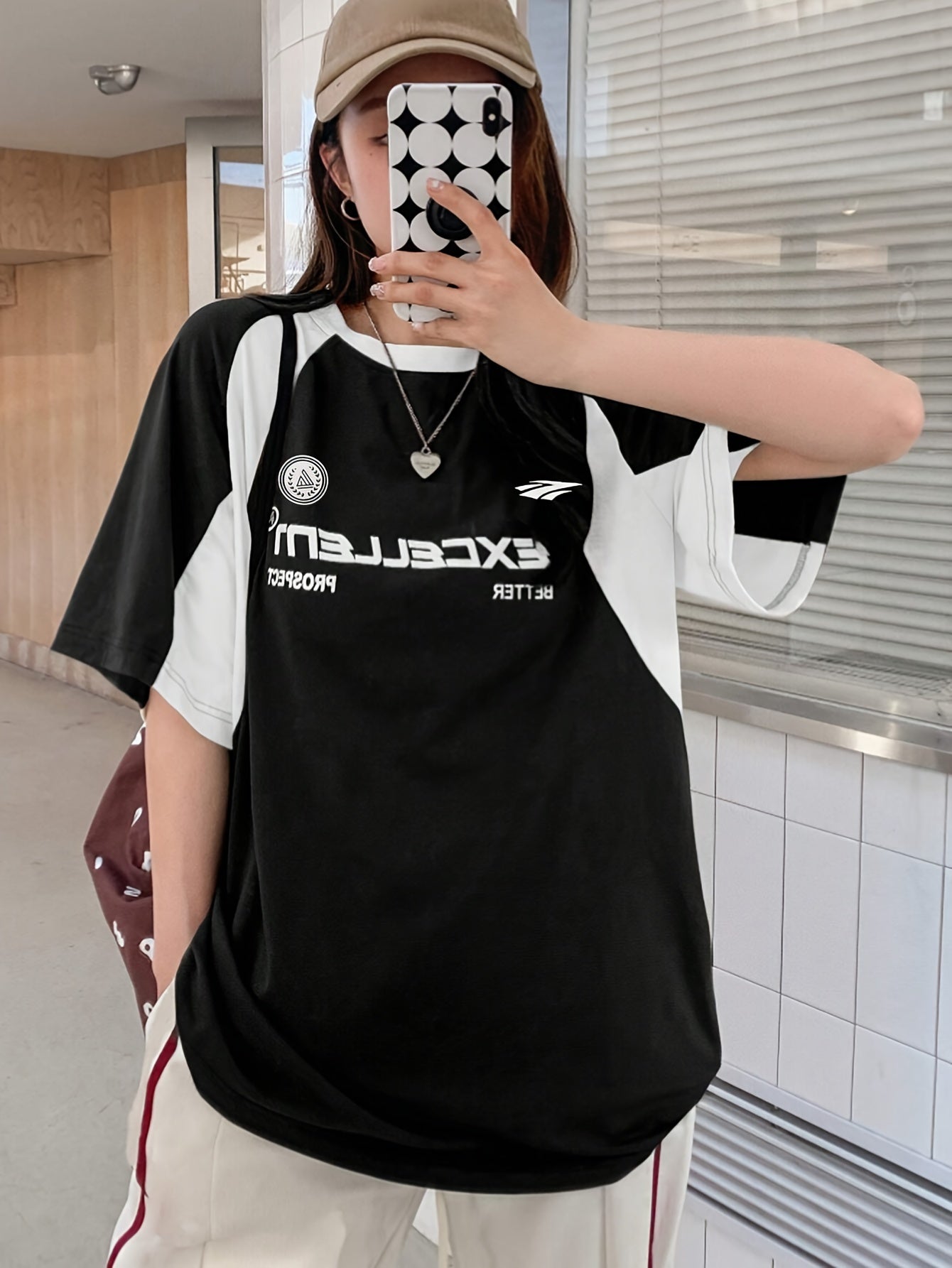 Casual Crew Neck T-Shirt, Color Block Half Sleeve Tee Loose Fit