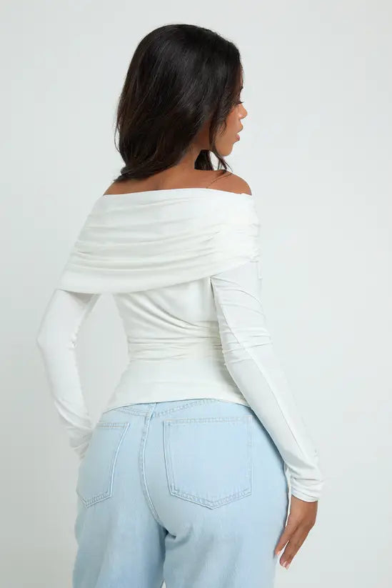 Women's Fold-Over Off-Shoulder Ruched Long-Sleeve Crop Top