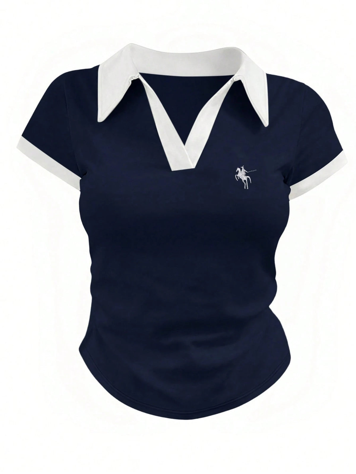 Women's Contrast-Collar Slim-Fit Printed Polo T-Shirt