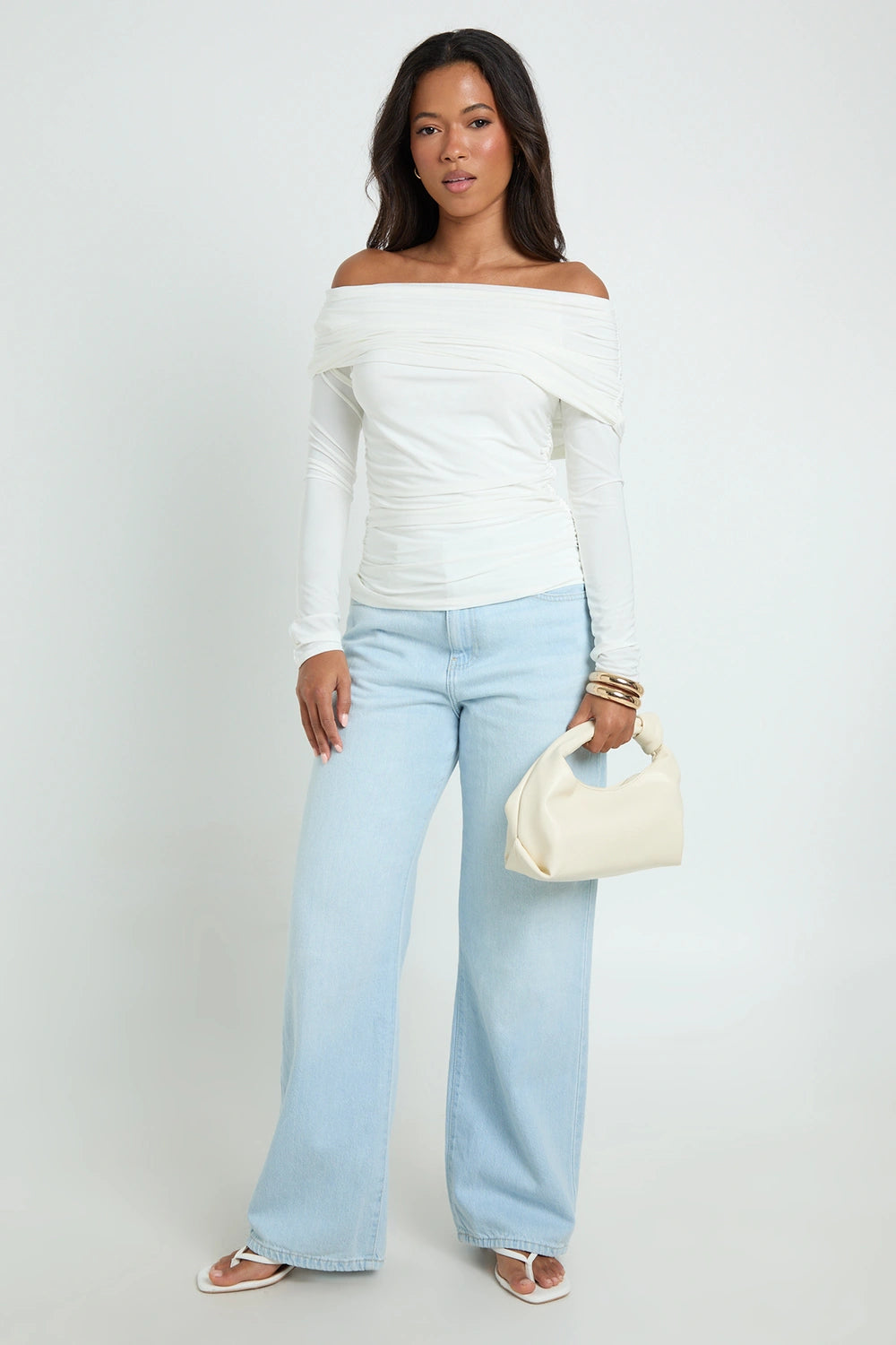 Women's Fold-Over Off-Shoulder Ruched Long-Sleeve Crop Top