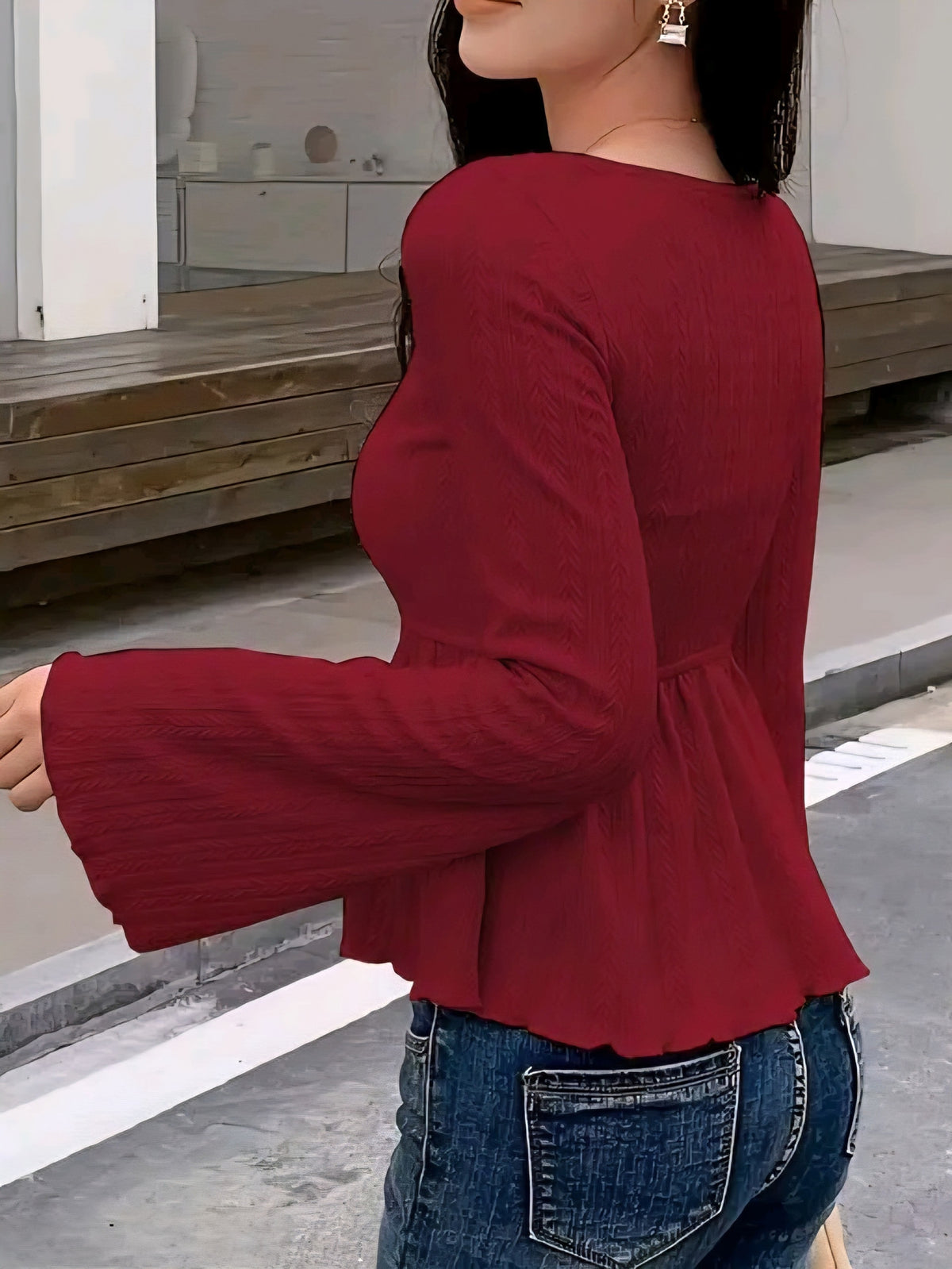 Women's Square-Neck Ribbed Long-Sleeve Babydoll Top