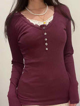 Solid Lace Trim Breasted Long Sleeve Knit Top