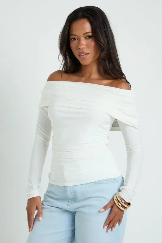 Women's Fold-Over Off-Shoulder Ruched Long-Sleeve Crop Top