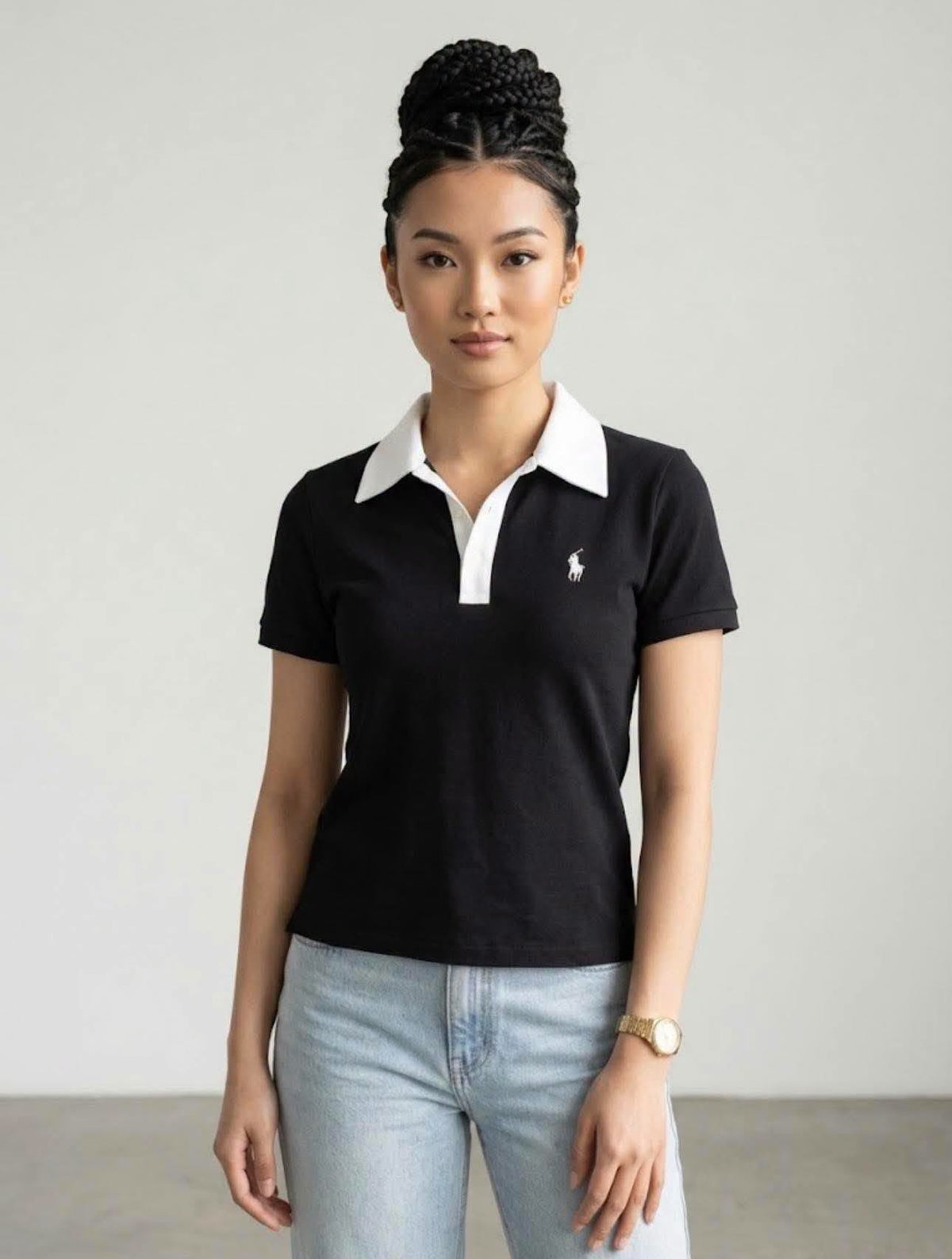Women's Contrast-Collar Slim-Fit Printed Polo T-Shirt