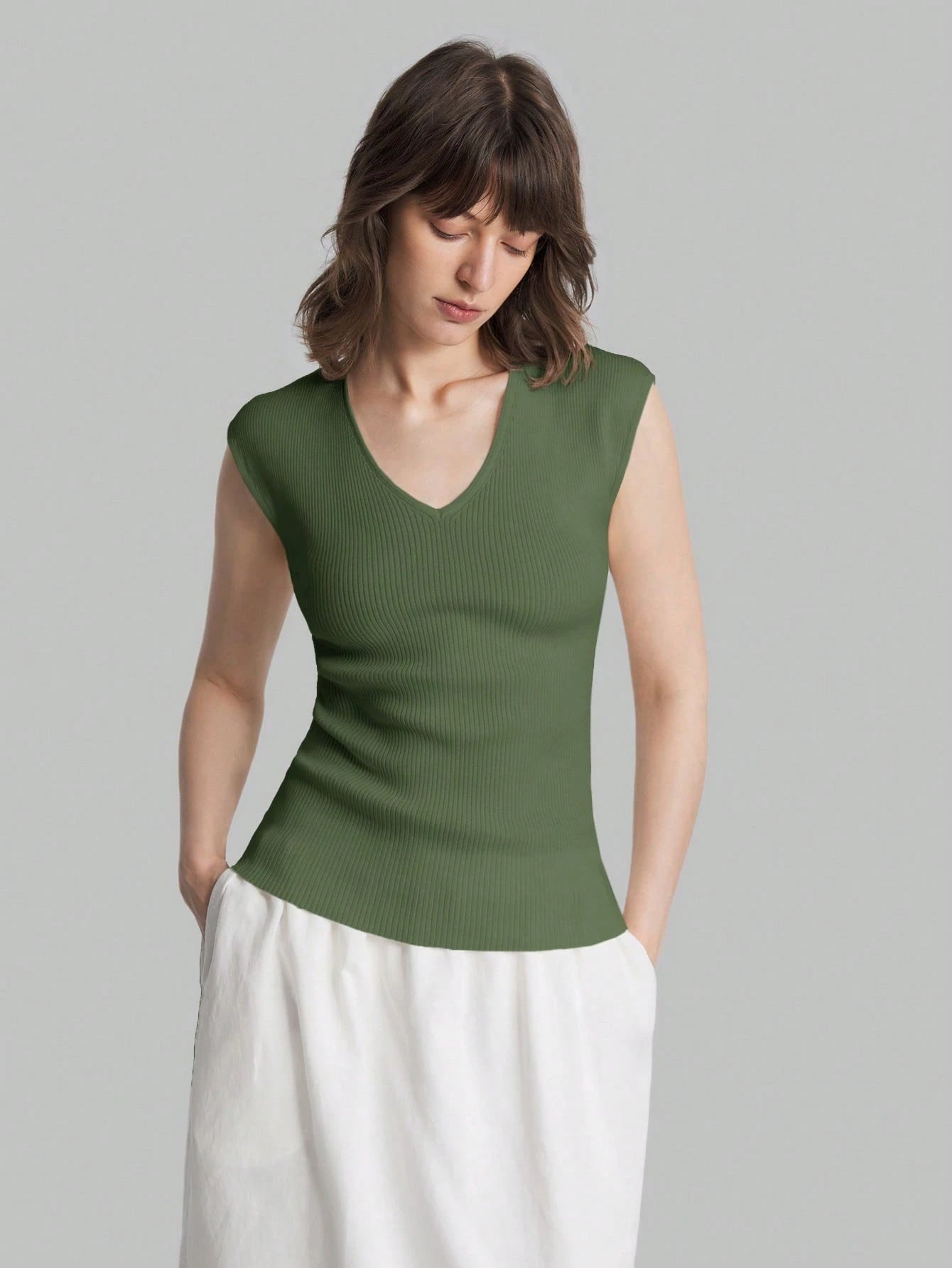 Solid Color Urban Chic Fashion Casual V-Neck Cap Sleeve Knit Blouse