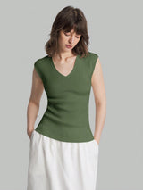 Solid Color Urban Chic Fashion Casual V-Neck Cap Sleeve Knit Blouse