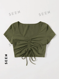Solid Drawstring Ruched Tee