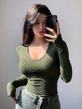 Solid Color Ribbed Slim Fit Long Sleeve T-Shirt