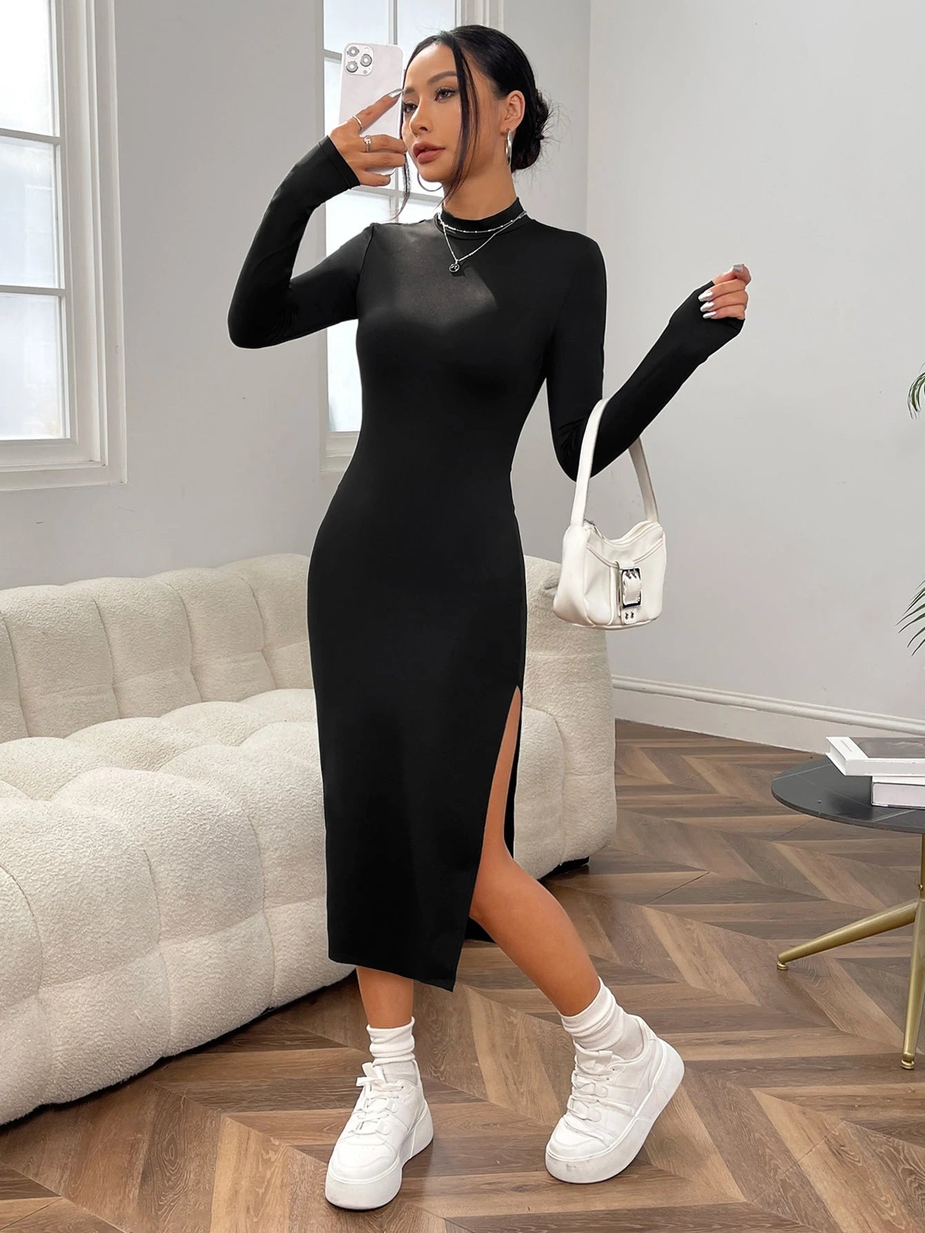 Mock Neck Split Thigh Bodycon Black Dress