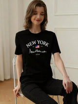 Simple Fashion Slogan Print Casual Vacation Style Loose Fit Round Neck Short Sleeve T-Shirt, Fashionable Everyday Top