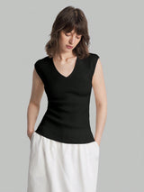 Solid Color Urban Chic Fashion Casual V-Neck Cap Sleeve Knit Blouse