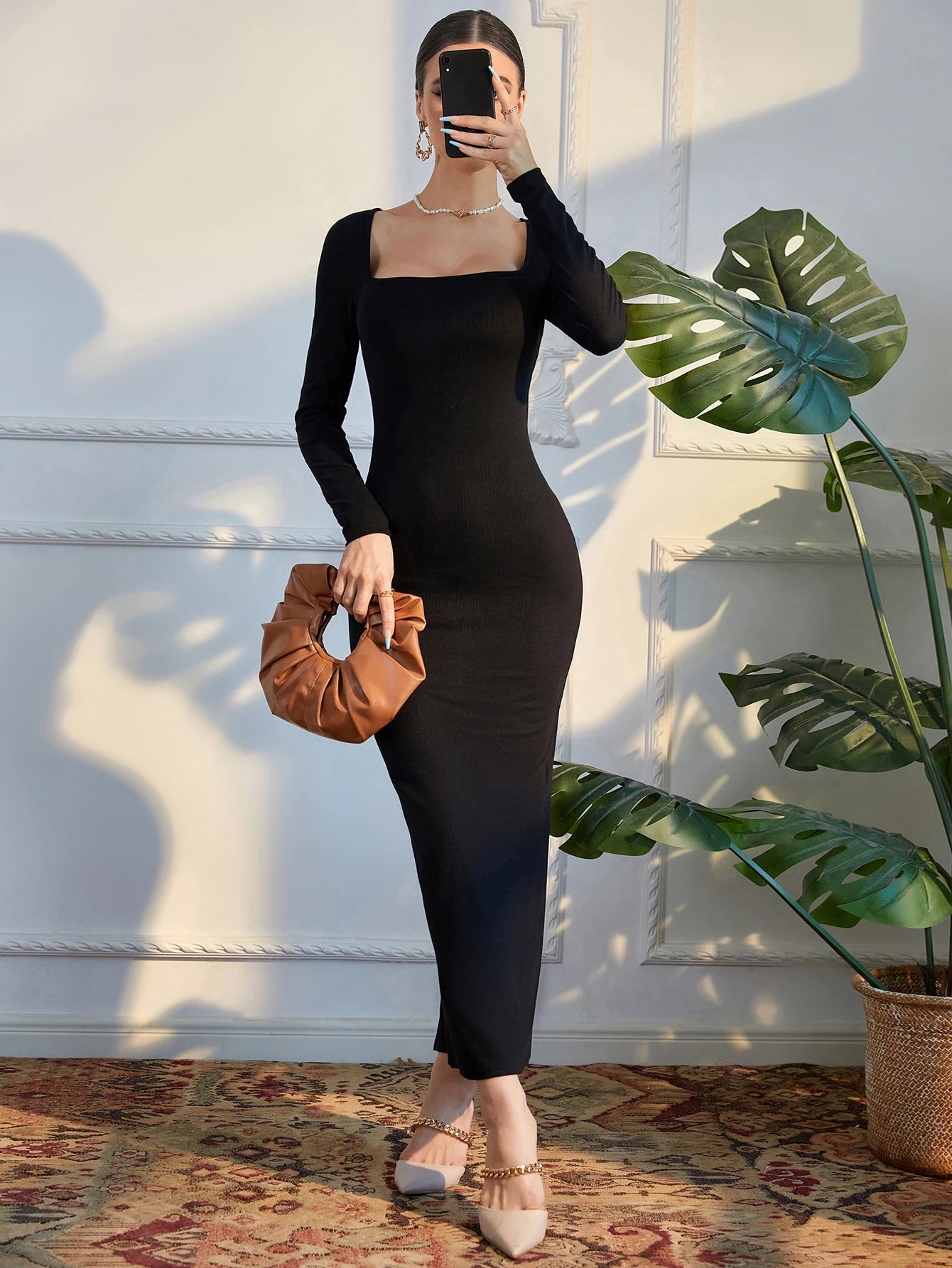 Square Neck Split Back Bodycon Dress