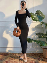Square Neck Split Back Bodycon Dress