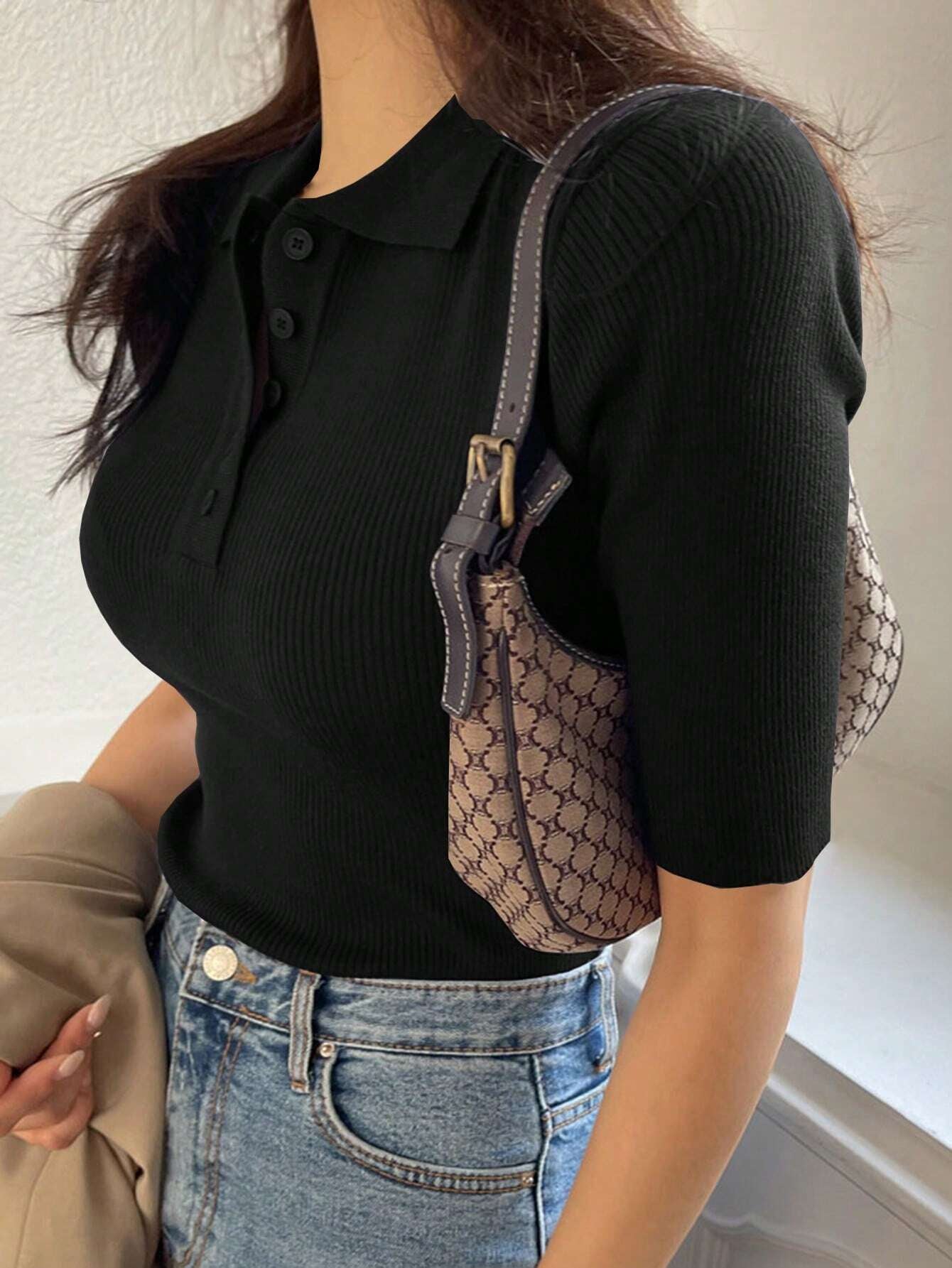 Polo Neck Half-Open Knitted Top With Short Sleeves Summer