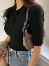 Polo Neck Half-Open Knitted Top With Short Sleeves Summer