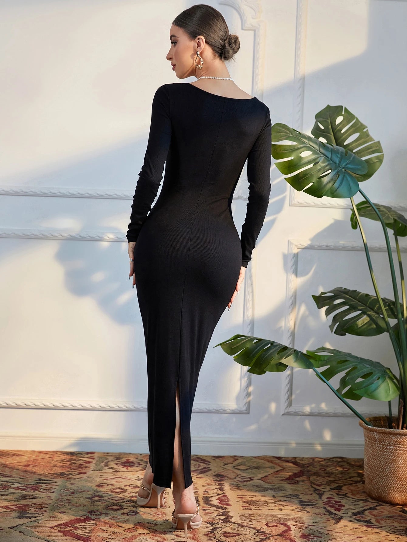 Square Neck Split Back Bodycon Dress
