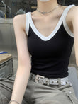 Slim Fit Stretch V-Neck Cropped Top with Contrast Trim