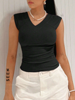 Solid Ruched V Neck Tee