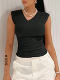 Solid Ruched V Neck Tee