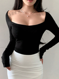 Women's Solid Color Square Neckline Long Sleeve Slim Fit T-Shirt