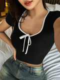 Women's Wrapped Round Neck T-Shirt With Bow Knot