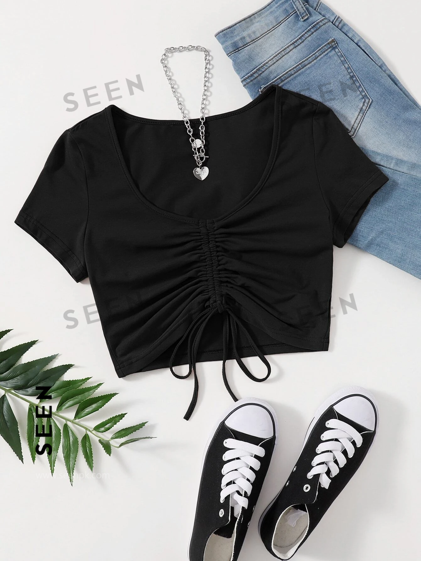 Solid Drawstring Ruched Tee