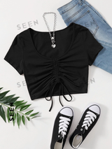 Solid Drawstring Ruched Tee