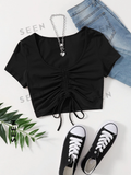 Solid Drawstring Ruched Tee
