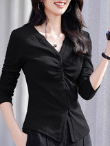 Casual V-Neck Long Sleeve T-Shirt - High Elasticity Semi-Sheer Button-Up Top