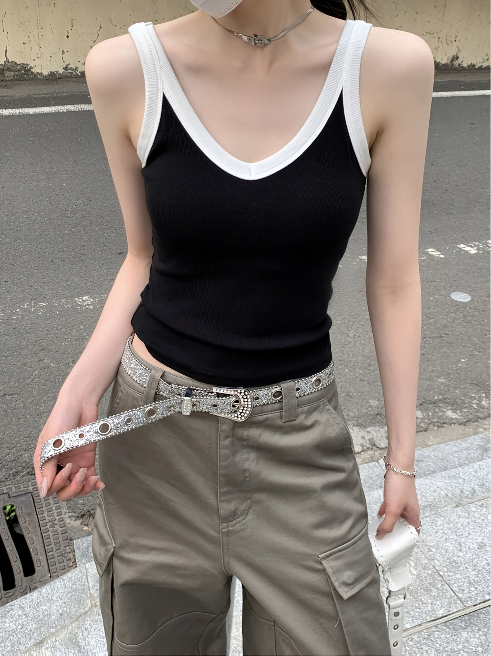 Slim Fit Stretch V-Neck Cropped Top with Contrast Trim