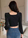 Solid Color Short Puff Sleeve Long Sleeve T-Shirt