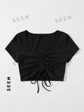 Solid Drawstring Ruched Tee