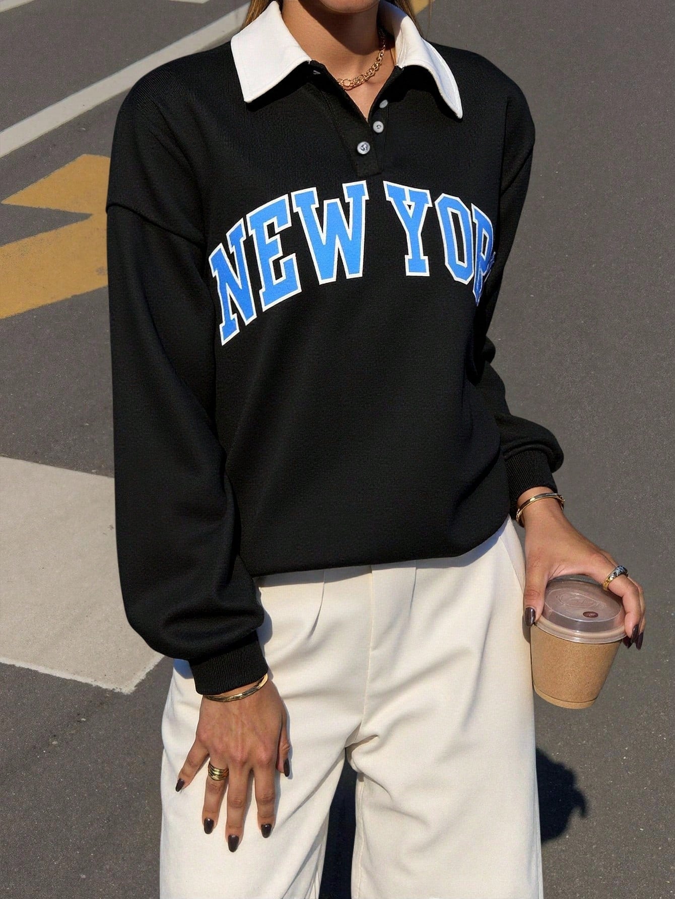 Polo Collar Drop Shoulder Letter Graphic Pullover, Long Sleeve Tops Fall Outfit
