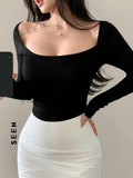 Women's Solid Color Square Neckline Long Sleeve Slim Fit T-Shirt
