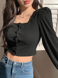 Solid Color Short Puff Sleeve Long Sleeve T-Shirt