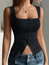 French Style Square Neck Sleeveless Slit Knit Tank Top