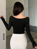 Women's Solid Color Square Neckline Long Sleeve Slim Fit T-Shirt
