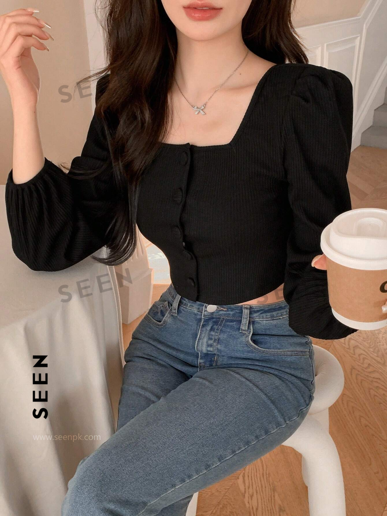 Solid Color Short Puff Sleeve Long Sleeve T-Shirt