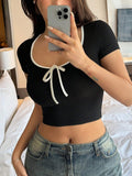 Women's Wrapped Round Neck T-Shirt With Bow Knot