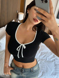 Women's Wrapped Round Neck T-Shirt With Bow Knot