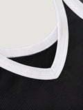 Slim Fit Stretch V-Neck Cropped Top with Contrast Trim