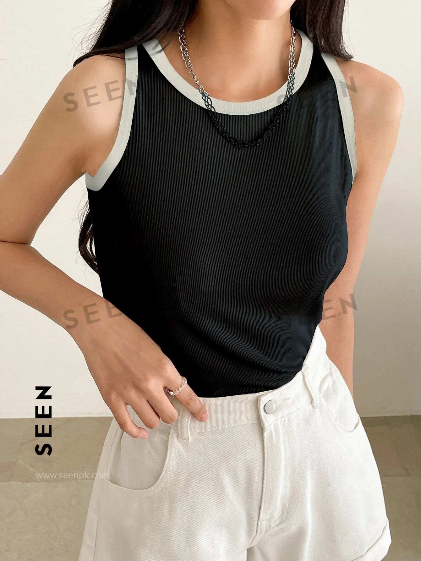 Business Casual Style Contrast Color Patchwork Women Tank Top